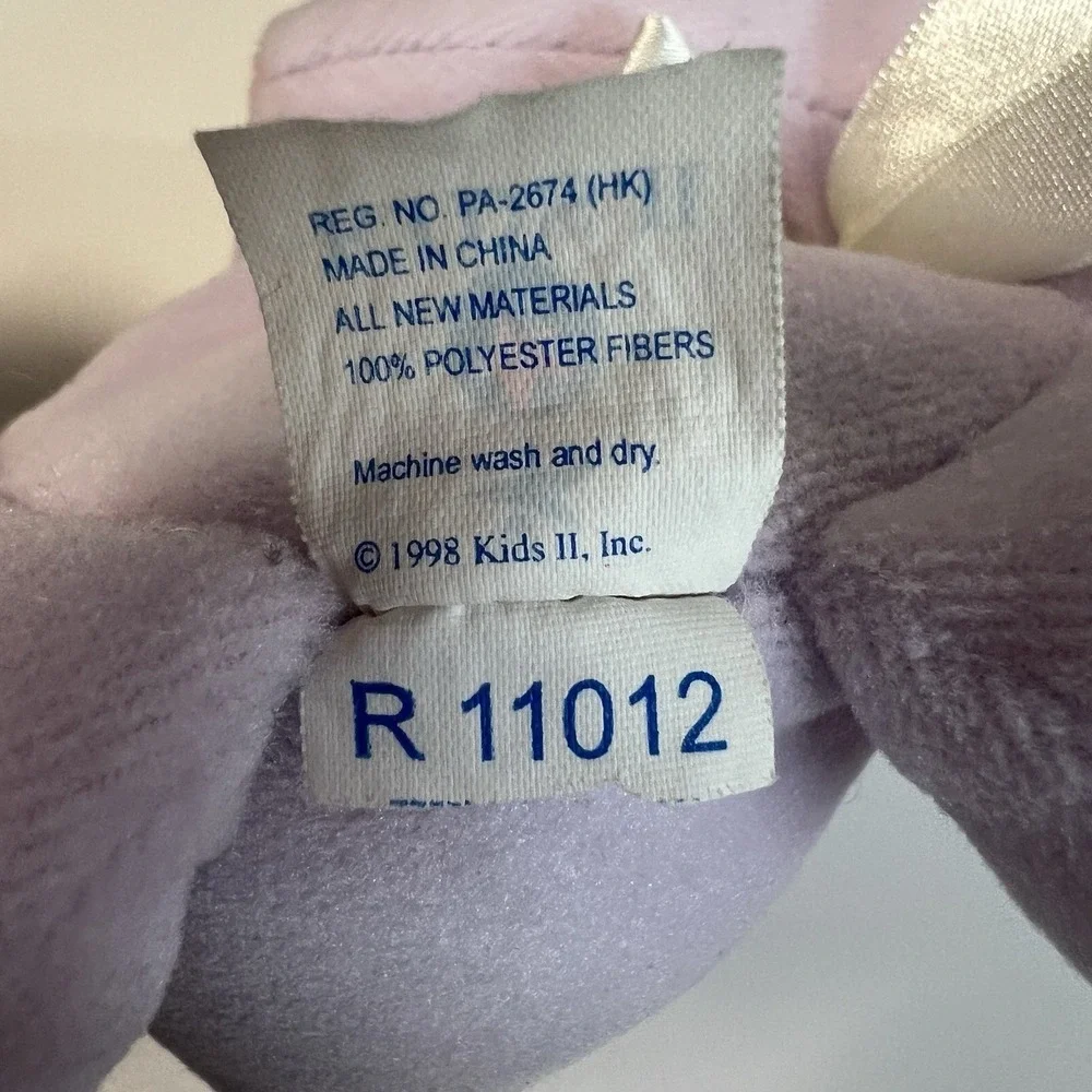 Kids II 2 Purple Elephant Soft Plush Lovey Baby Rattle With Satin Ribbon Vtg